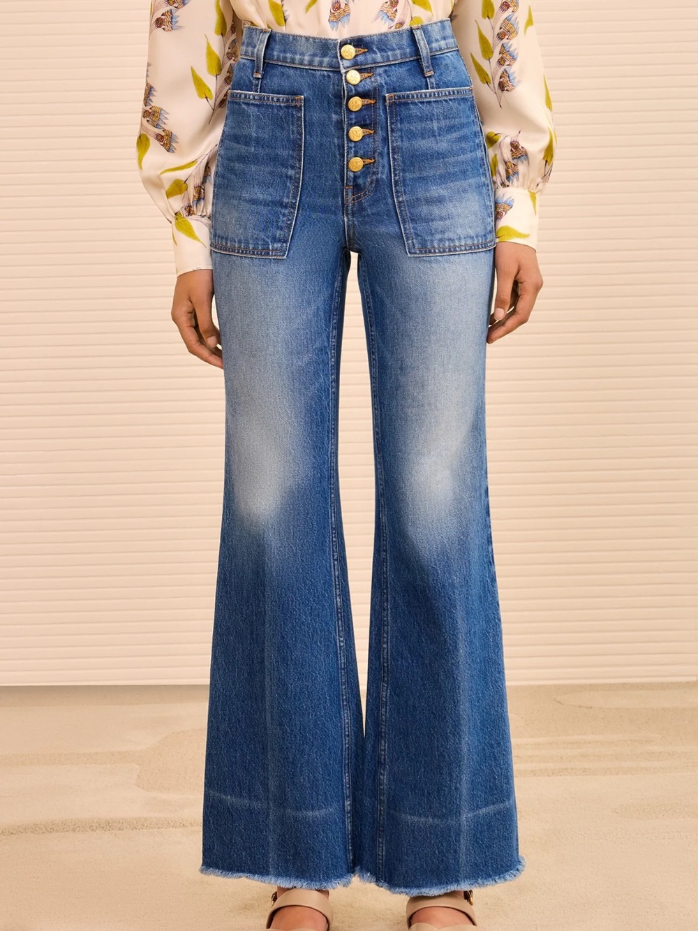 Ulla Johnson Medium Blue High-Rise Button-Front Wide-Leg Jeans